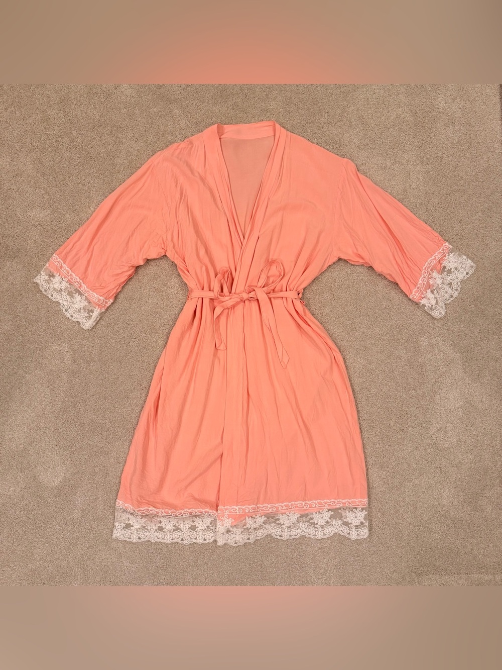 Women's Light Pink Lace Trim Kimono Short Robe Open 3/4 length sleeve - small